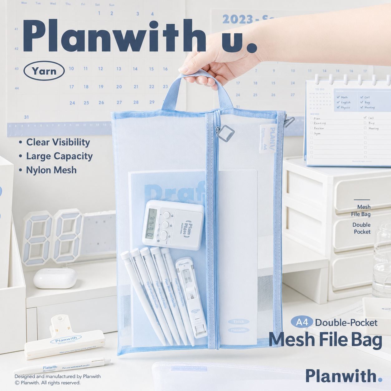 Planwith A4 Double Pocket Mesh File Bag by Planwith - lifestyle stationery view for stationery organizer | Lumiyear
