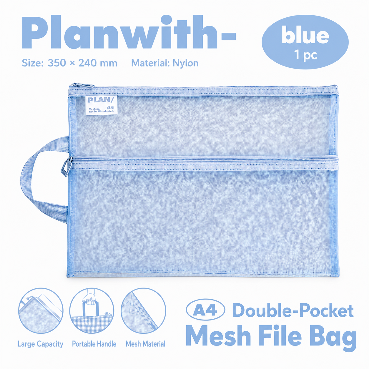 Planwith A4 Double Pocket Mesh File Bag | Portable Nylon Document Organizer