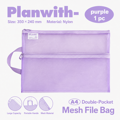 Planwith A4 Double Pocket Mesh File Bag | Portable Nylon Document Organizer