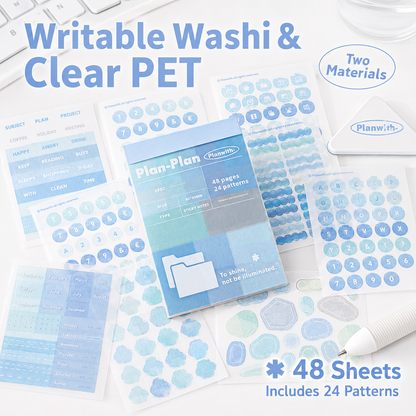 Planwith Multi-Functional Mark Sticky Note Book | Translucent PET & Washi Planner Stickers