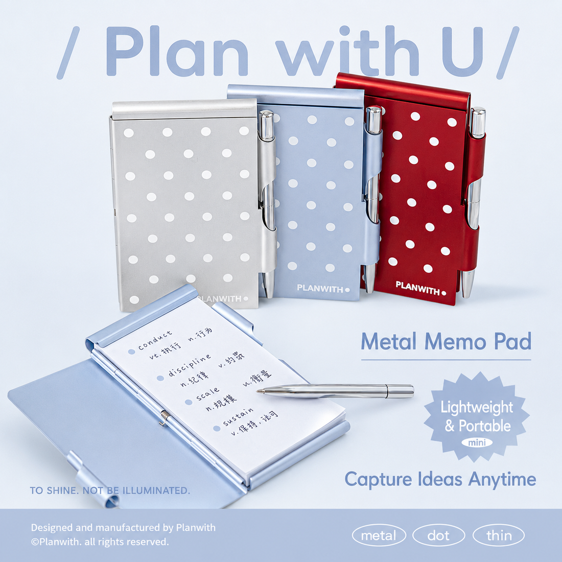 Planwith Pocket Metal Memo Pad Set with Twist Pen by Planwith - color option view for journaling writing tool | Lumiyear