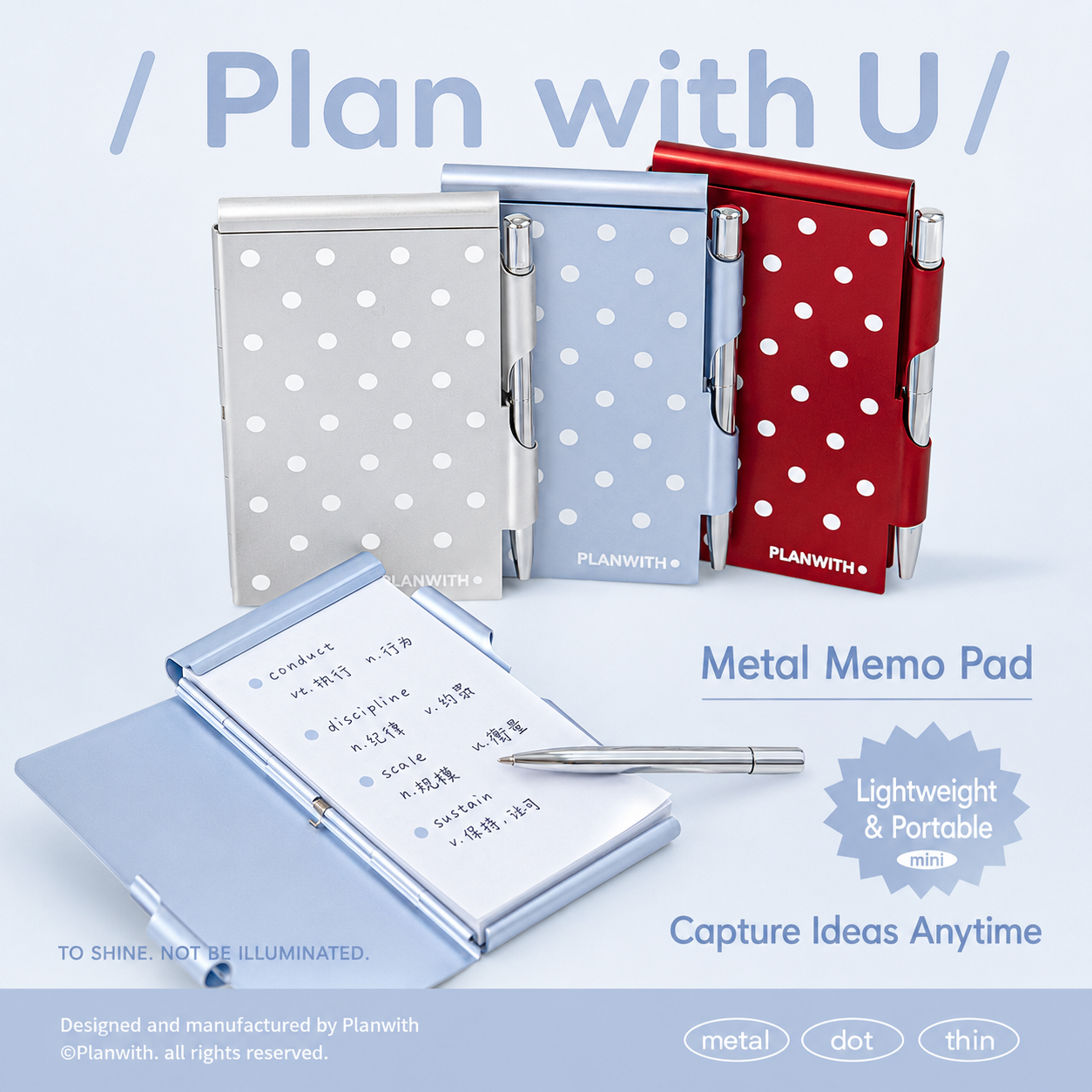 Planwith Pocket Metal Memo Pad Set with Twist Pen by Planwith - color option view for journaling writing tool | Lumiyear
