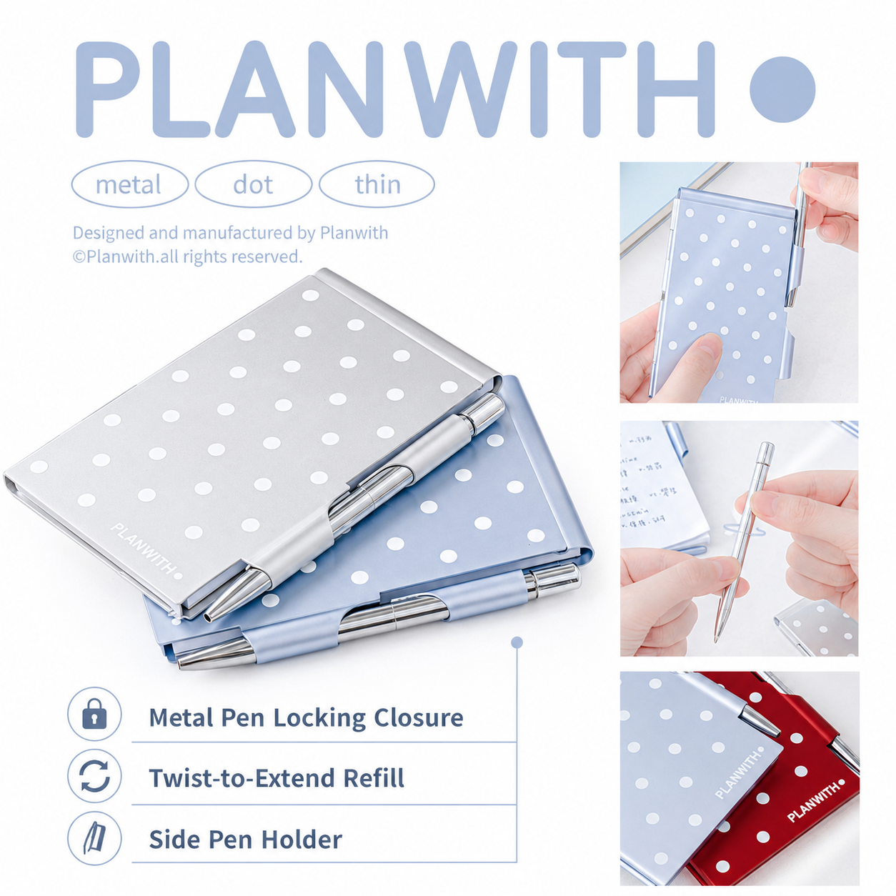 Planwith Pocket Metal Memo Pad Set with Twist Pen by Planwith - color option view for journaling writing tool | Lumiyear