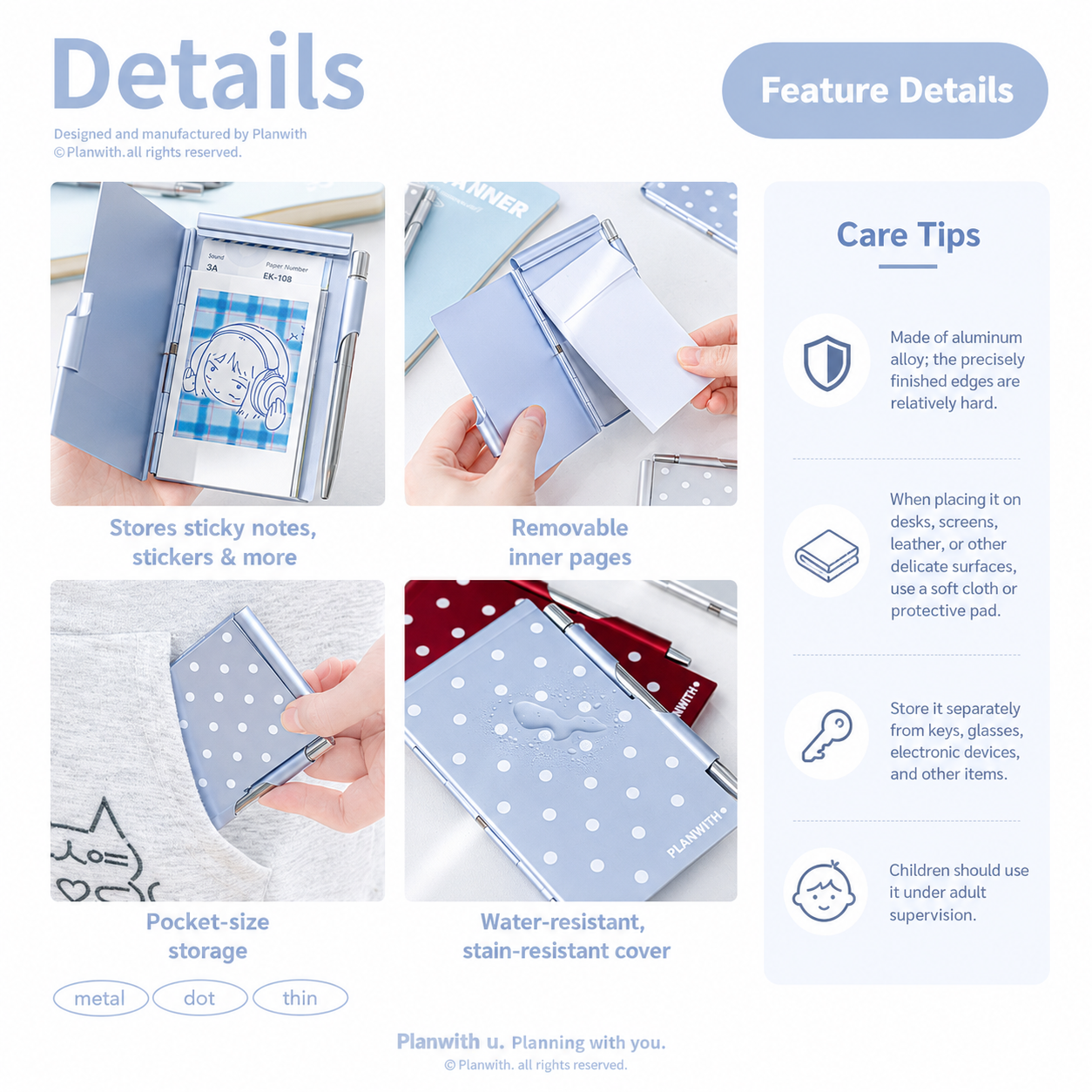 Planwith Pocket Metal Memo Pad Set with Twist Pen by Planwith - color option view for journaling writing tool | Lumiyear