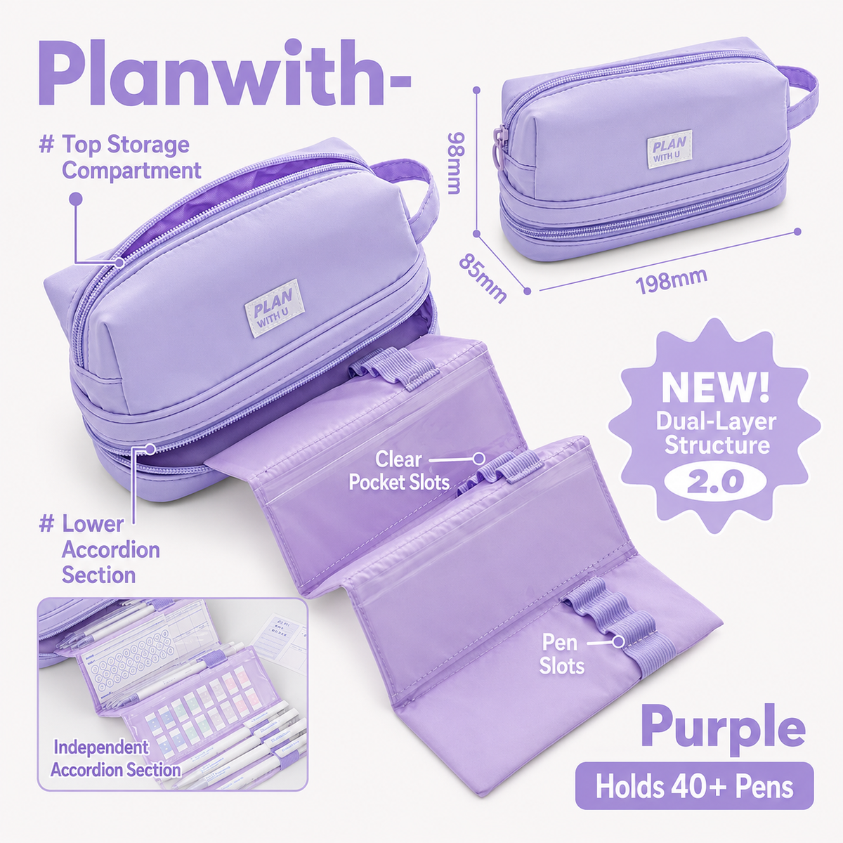Planwith Expansion 2.0 Accordion Pull-Out Pencil Pouch | Large Capacity Dual-Layer Pen Case