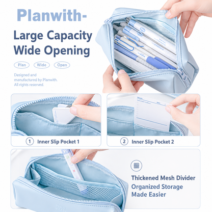 Planwith Soft PU Leather Pencil Case with Dual Zippers | Large Capacity Wide Opening Pen Pouch