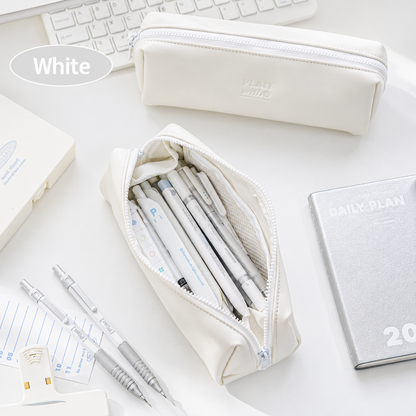 Planwith Soft PU Leather Pencil Case with Dual Zippers | Large Capacity Wide Opening Pen Pouch