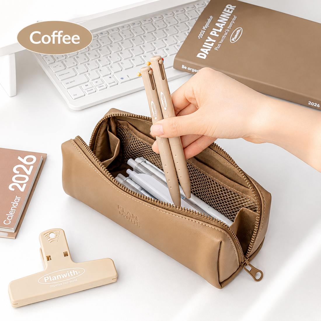 Planwith Soft PU Leather Pencil Case with Dual Zippers by Planwith - color option view for journaling writing tool | Lumiyear