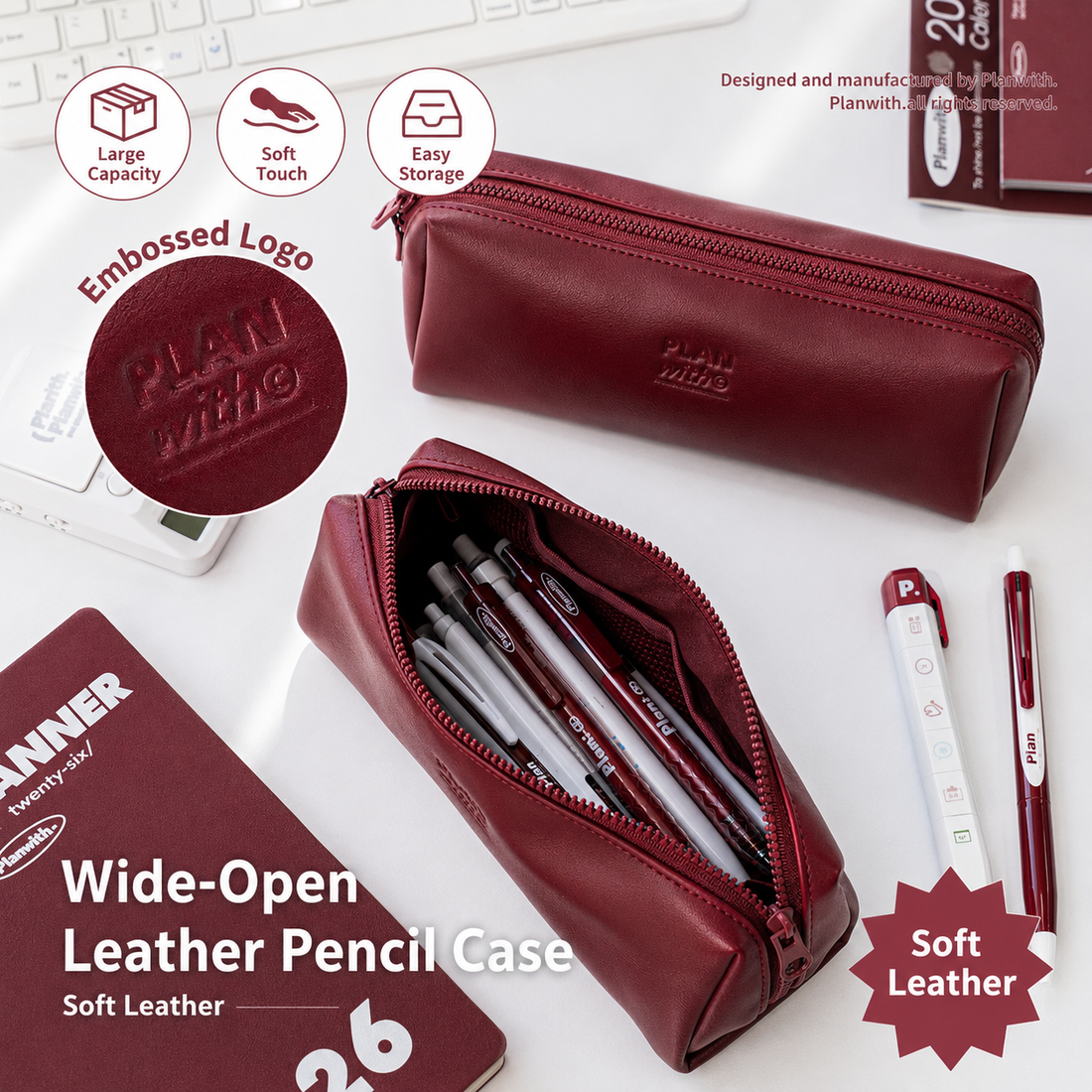 Planwith Soft PU Leather Pencil Case with Dual Zippers by Planwith - color option view for journaling writing tool | Lumiyear