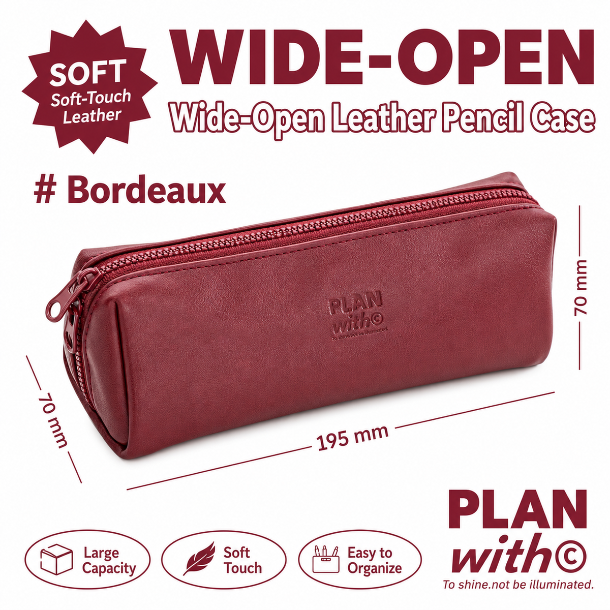 Planwith Soft PU Leather Pencil Case with Dual Zippers | Large Capacity Wide Opening Pen Pouch