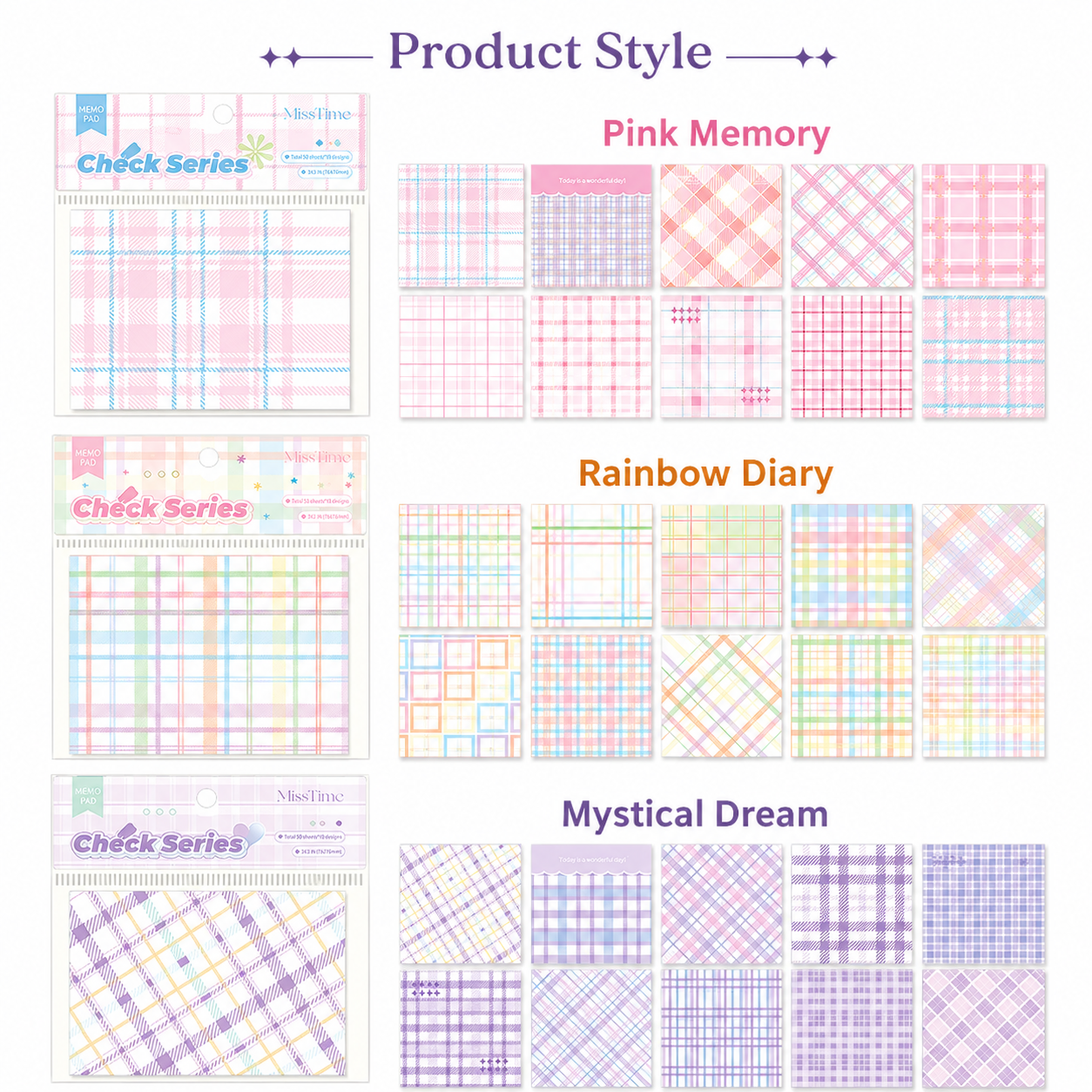 MISSTIME Vintage Plaid Series Sticky Notes Set | Pastel Checkered Memo Pads