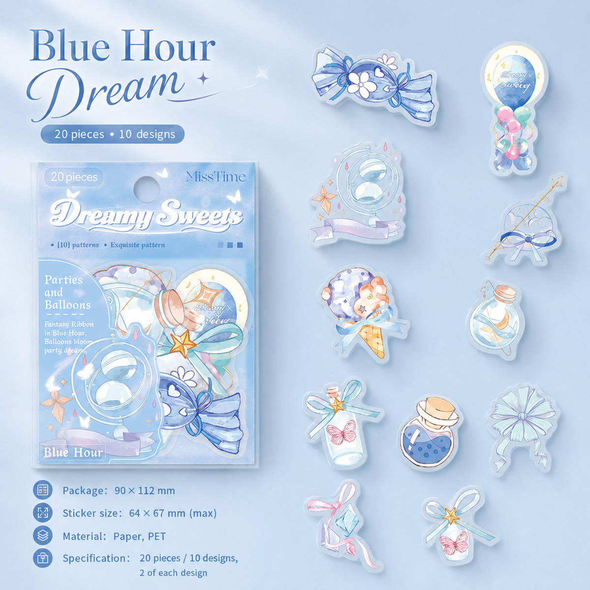 MISSTIME Dreamy Sweets Series PET Sticker Pack | Pastel Kawaii Scrapbook Decals