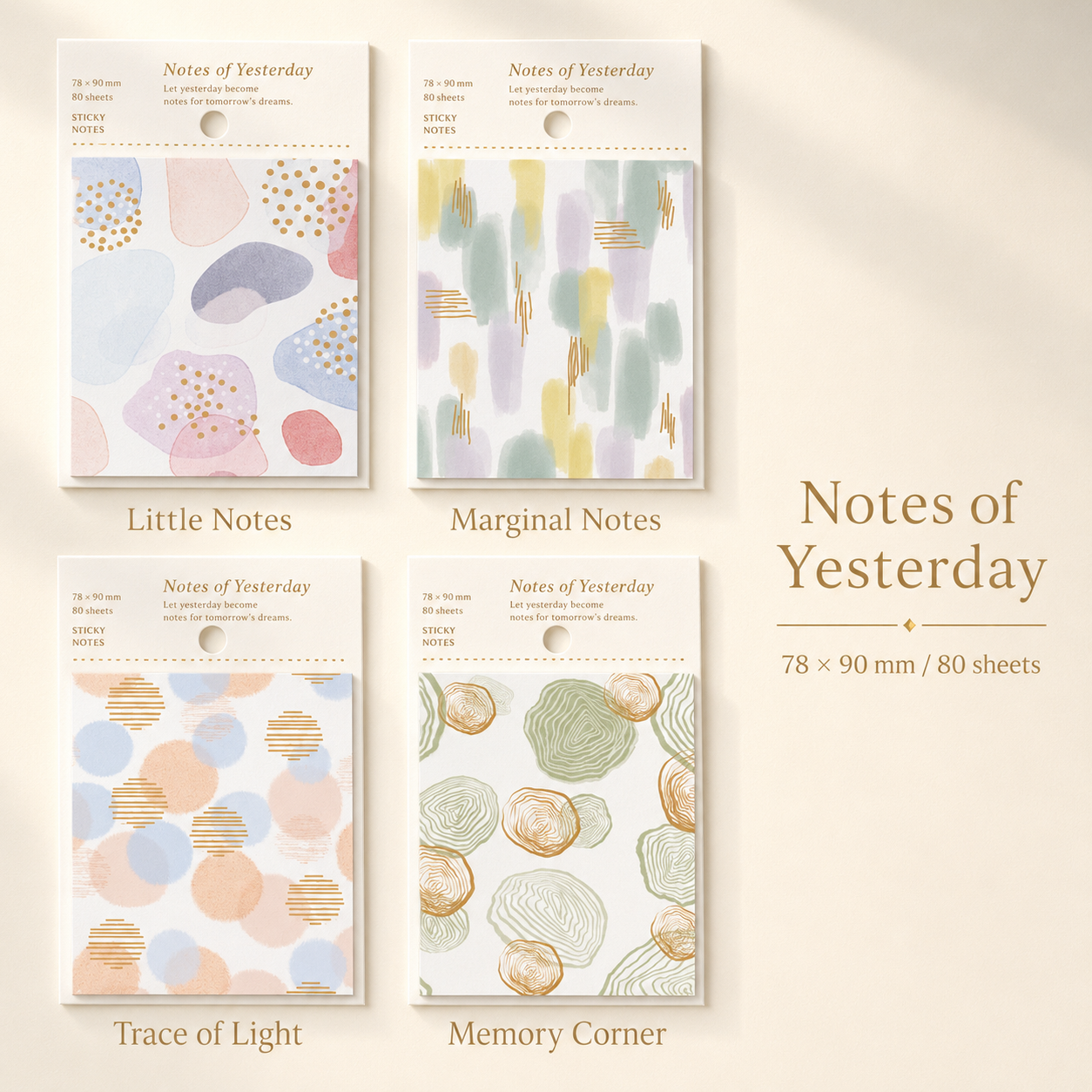 MISSTIME Vintage Gold Foil Watercolor Sticky Notes（4-Pad Set） by MISSTIME - detail view for aesthetic stationery | Lumiyear