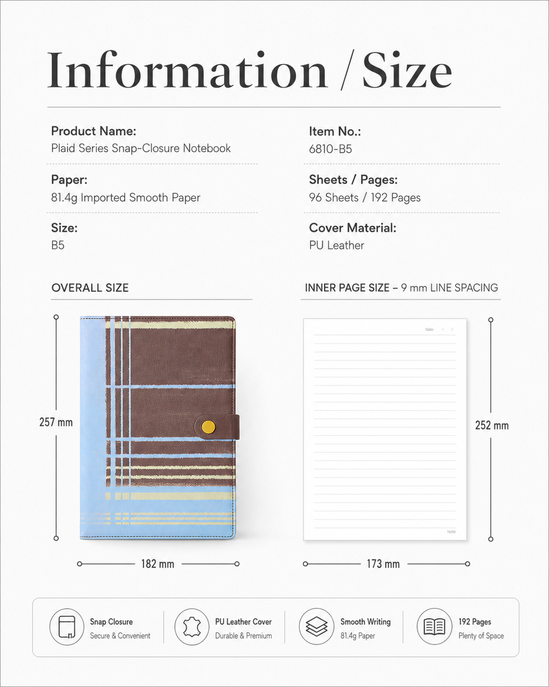 "Plaid Series" B5 Snap-Closure PU Leather Notebook by inrik - color option view for journaling notebook | Lumiyear