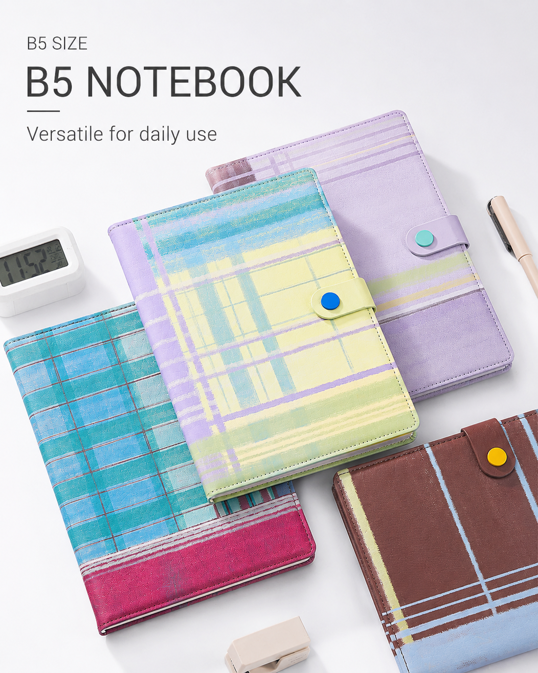 "Plaid Series" B5 Snap-Closure PU Leather Notebook by inrik - main product view for journaling notebook | Lumiyear