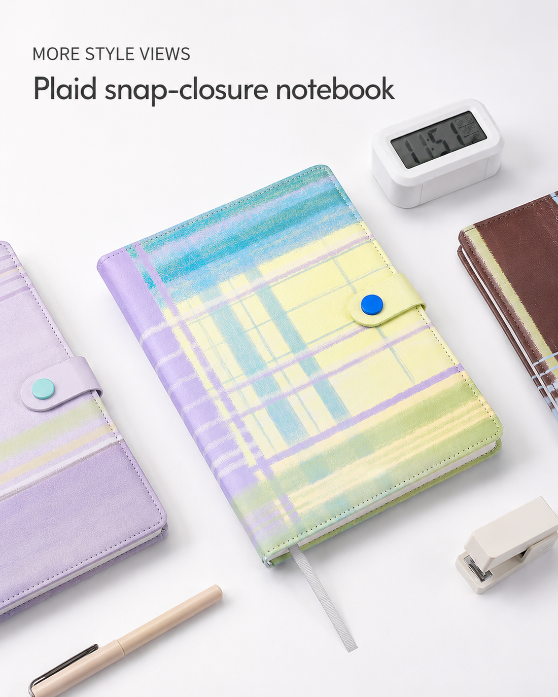 "Plaid Series" B5 Snap-Closure PU Leather Notebook by inrik - color option view for journaling notebook | Lumiyear
