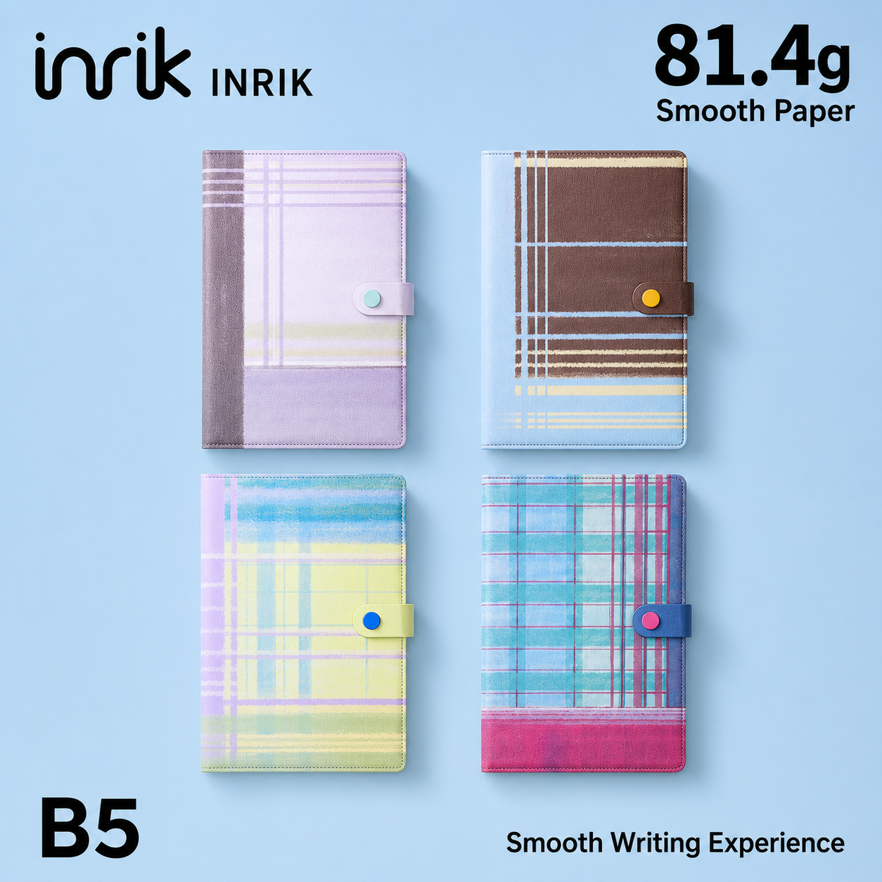 "Plaid Series" B5 Snap-Closure PU Leather Notebook by inrik - color option view for journaling notebook | Lumiyear