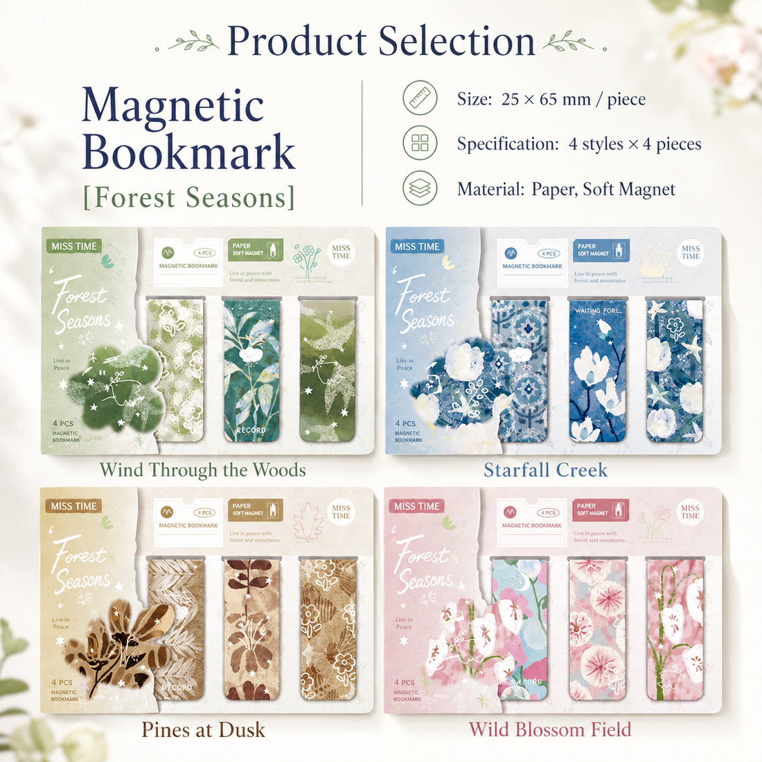 Vintage Floral Magnetic Bookmark Set (4 Pcs)