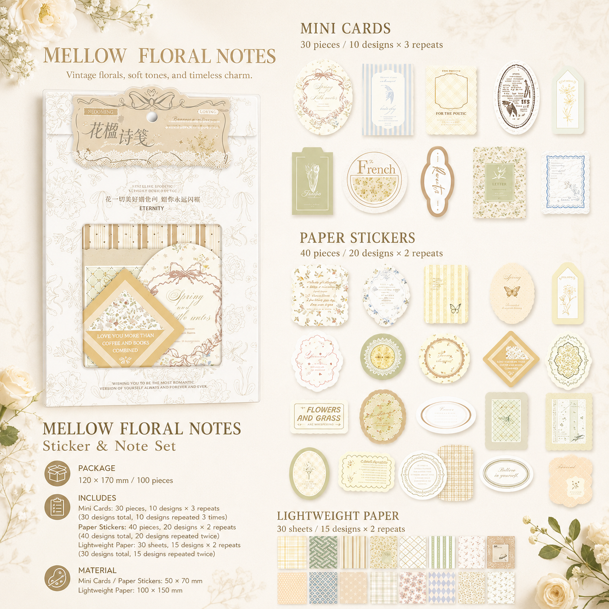 MISSTIME Floral Rhyme Poetry Vintage Material Paper Pack (100 by MISSTIME - detail view for scrapbook decoration | Lumiyear