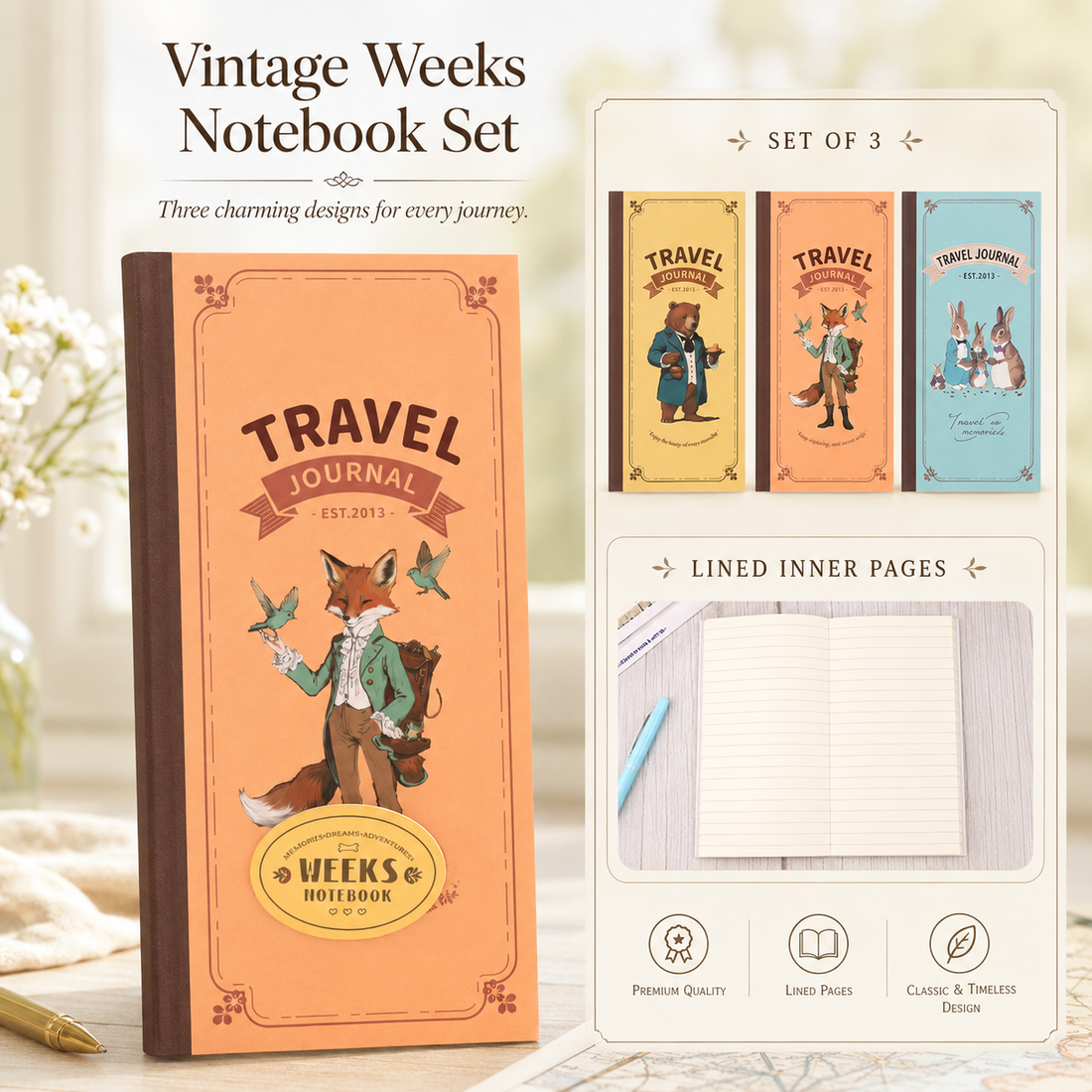 "Vintage Tales" Weeks Travel Journal (Set of 3) by ledai - color option view for journaling notebook | Lumiyear