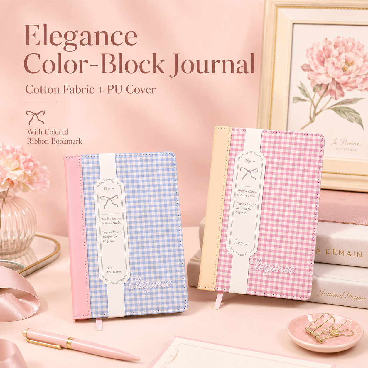 "Elegance Stitching" B6 Plaid Fabric & Leather Journal by ledai - detail view for journaling notebook | Lumiyear
