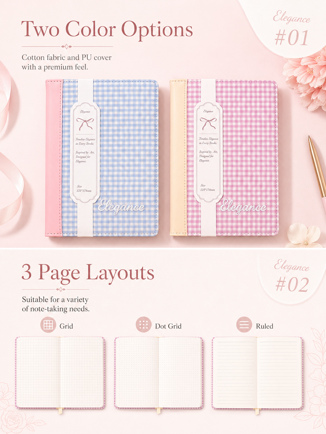 "Elegance Stitching" B6 Plaid Fabric & Leather Journal by ledai - color option view for journaling notebook | Lumiyear
