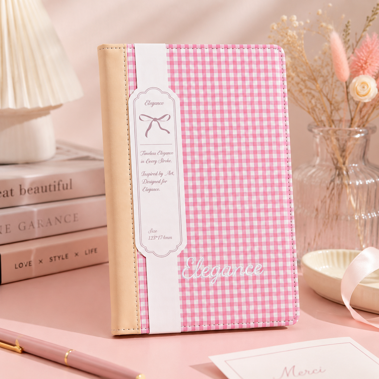 "Elegance Stitching" B6 Plaid Fabric & Leather Journal by ledai - packaging view for journaling notebook | Lumiyear
