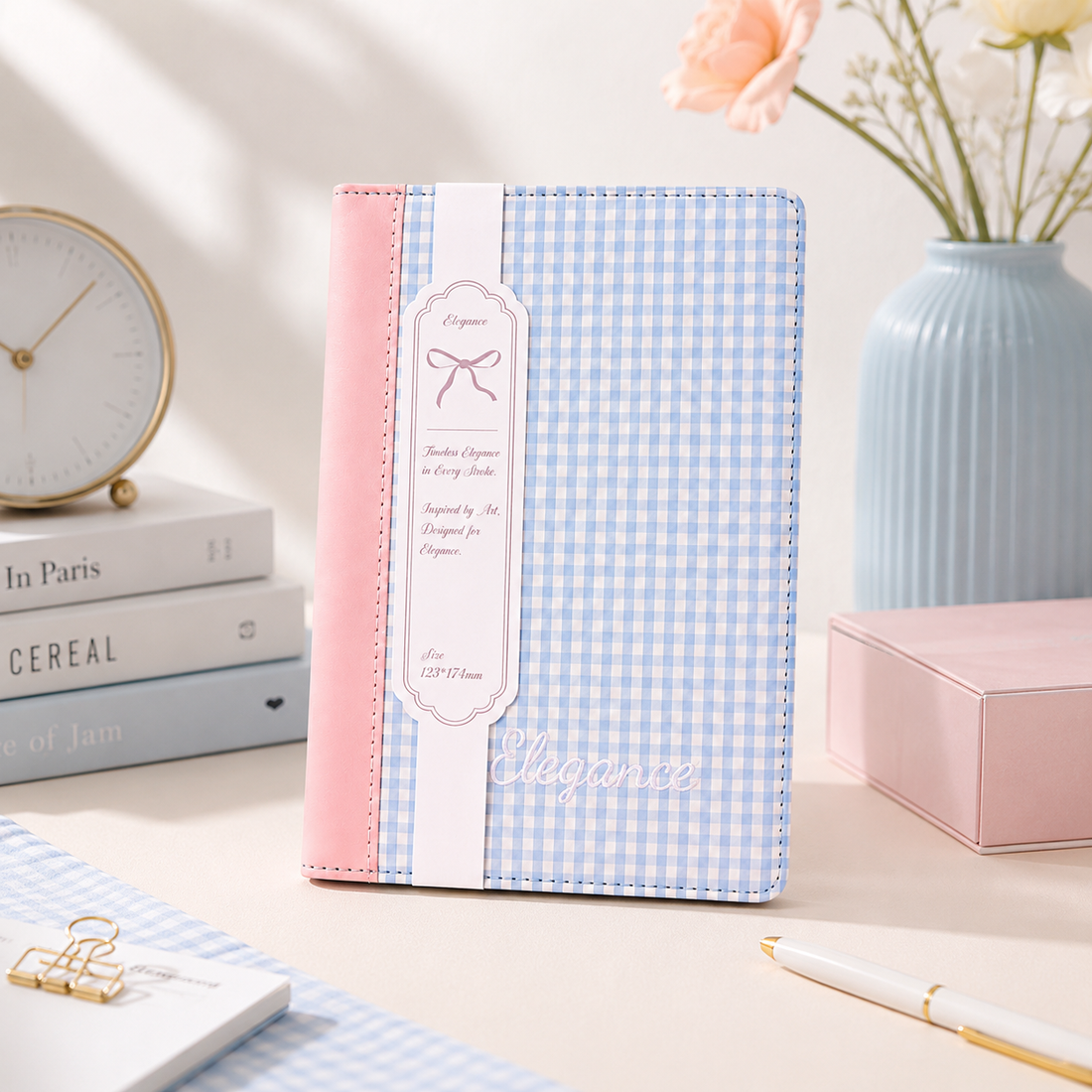 "Elegance Stitching" B6 Plaid Fabric & Leather Journal by ledai - inside detail for journaling notebook | Lumiyear