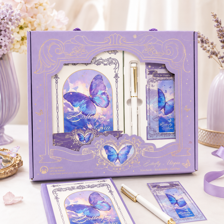 طقم صندوق هدايا فاخر بدفتر بغلاف صلب "Butterfly Utopia"