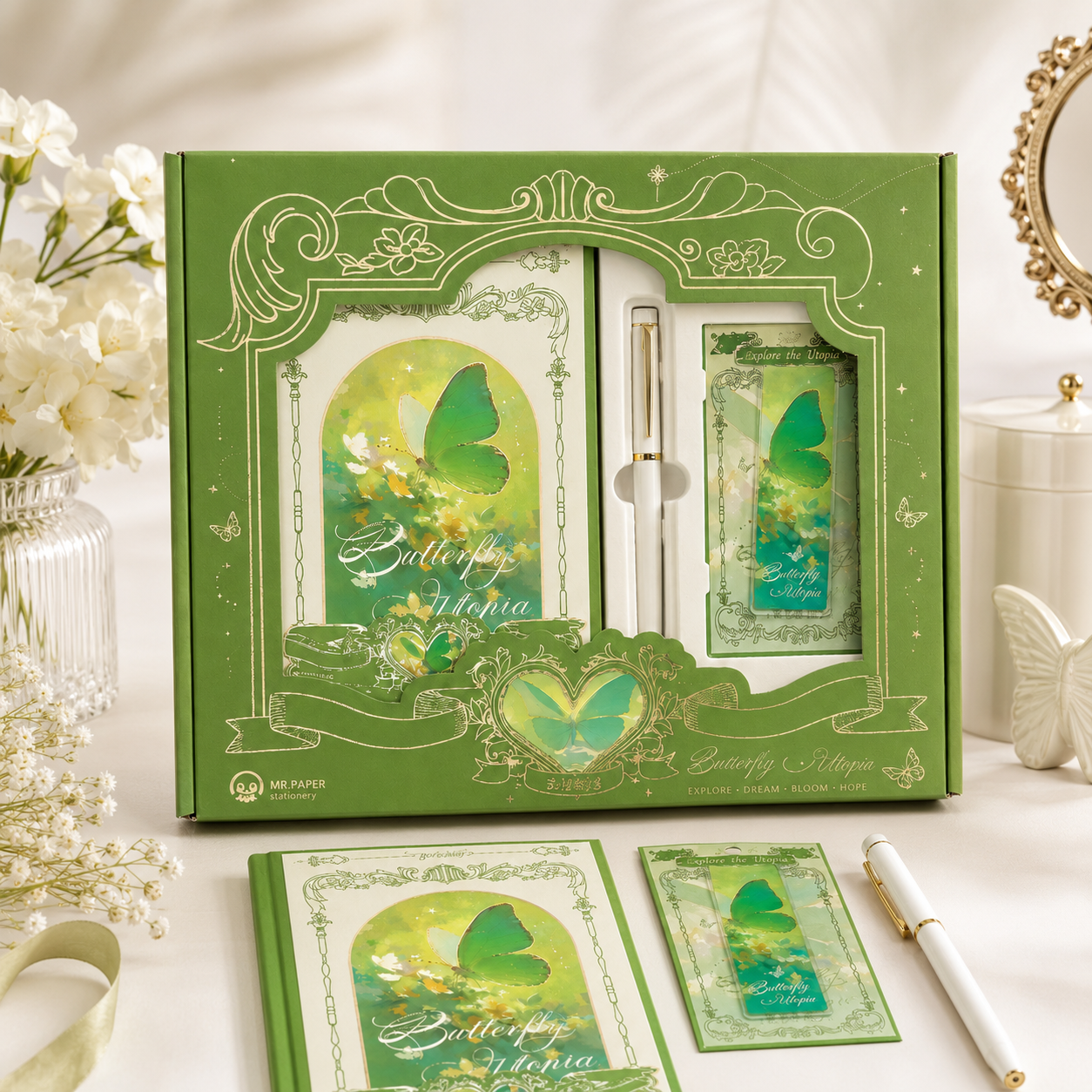 "Butterfly Utopia" Premium Hardcover Notebook Gift Box Set by mr.paper - detail view for stationery gift set | Lumiyear
