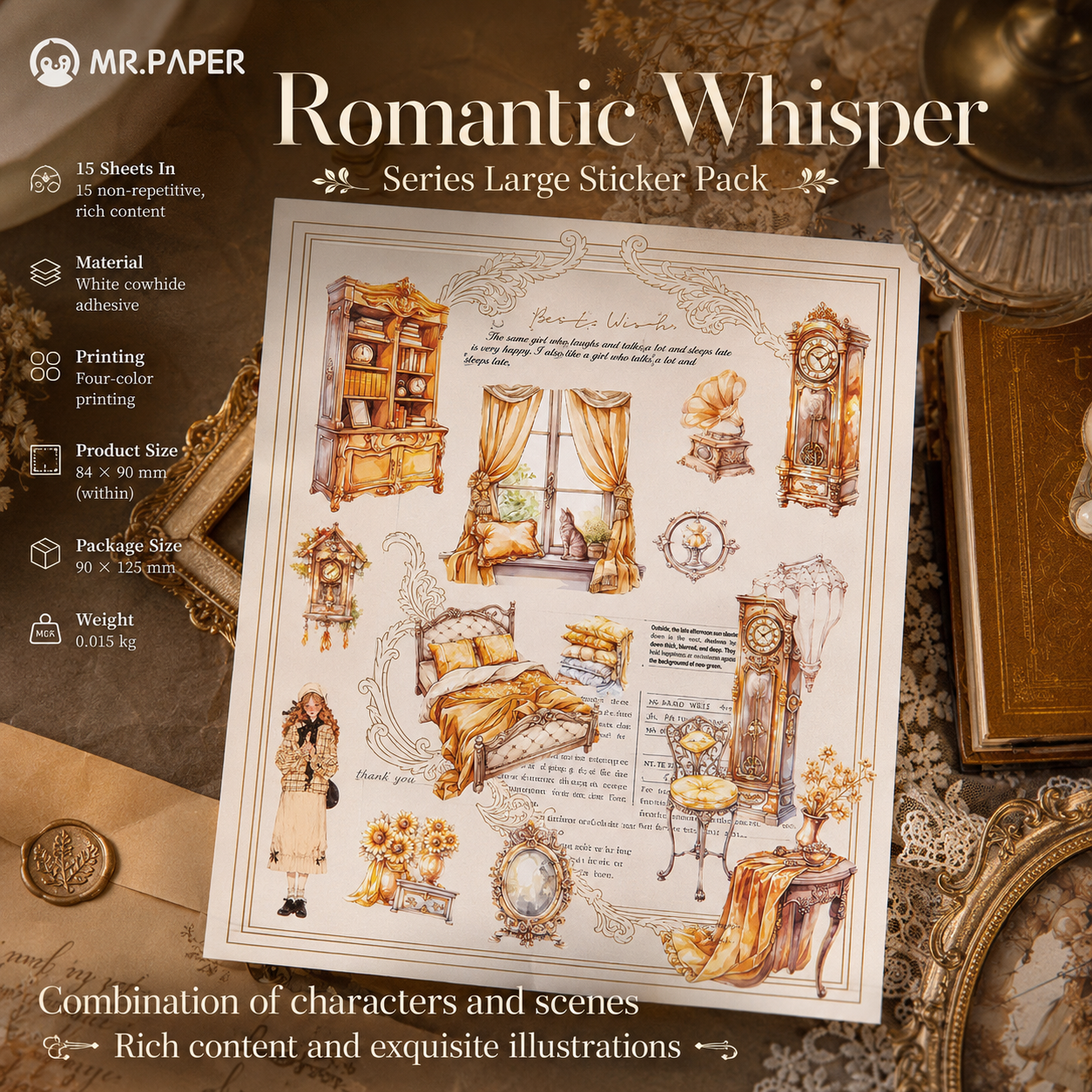 "Romantic Whisper" Series Large Silhouette Sticker Pack by mr.paper - color option view for scrapbook decoration | Lumiyear