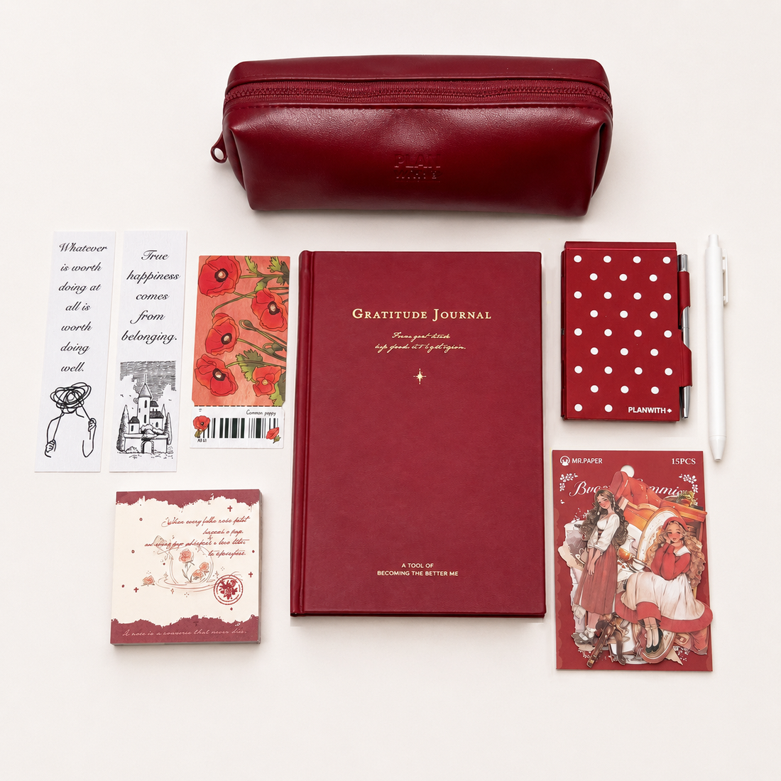 Aesthetic Bordeaux Red Gratitude Journal Gift Set by lumiyear - main product view for stationery gift set | Lumiyear