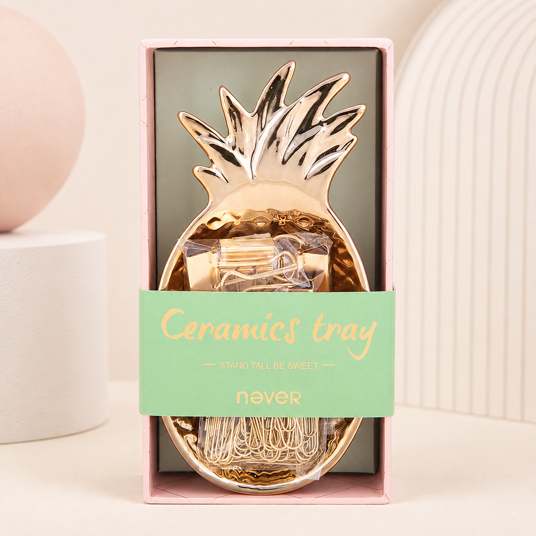 Gold Pineapple Ceramic Tray Set with Paper Clips & Binder by never - main product view for scrapbook decoration | Lumiyear
