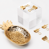 Gold Pineapple Ceramic Tray Set with Paper Clips & Binder Clips