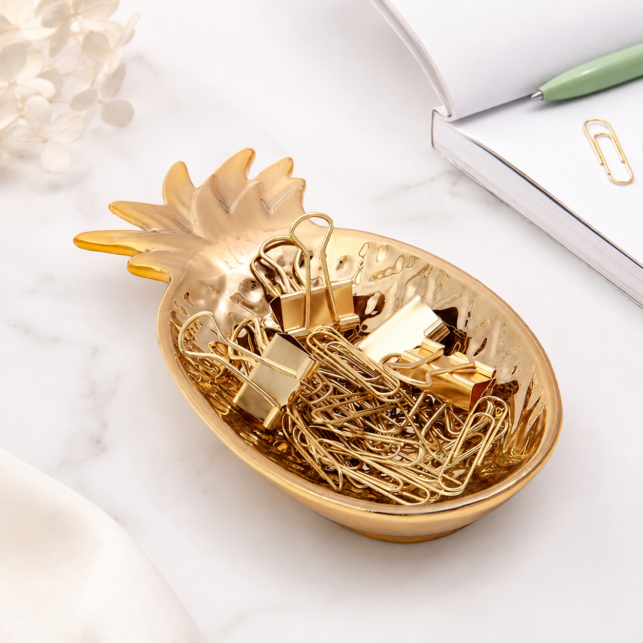 Gold Pineapple Ceramic Tray Set with Paper Clips & by never - lifestyle stationery view for scrapbook decoration | Lumiyear