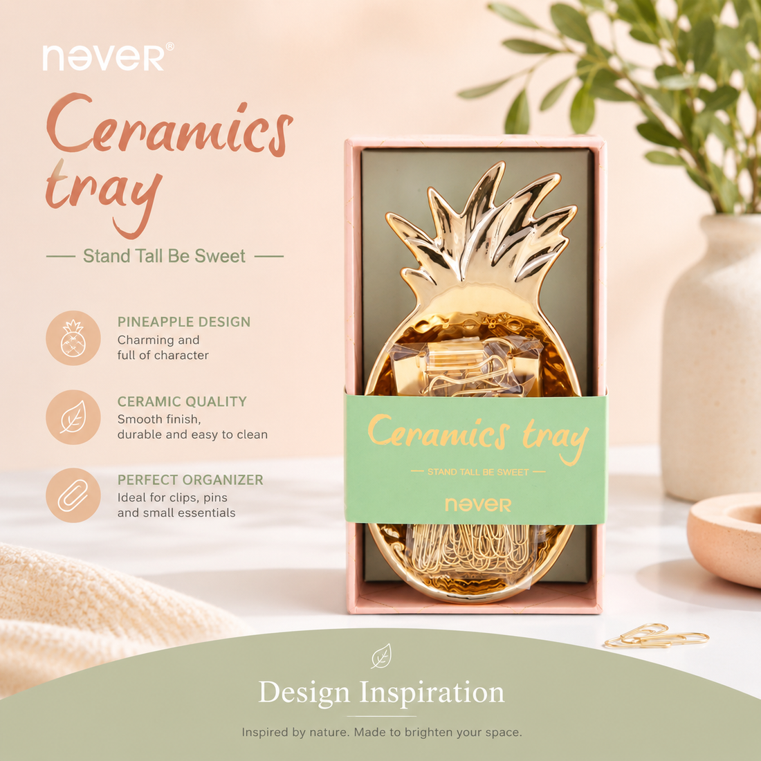 Gold Pineapple Ceramic Tray Set with Paper Clips & Binder by never - color option view for scrapbook decoration | Lumiyear