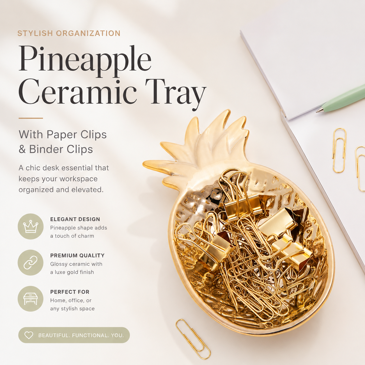 Gold Pineapple Ceramic Tray Set with Paper Clips & Binder by never - color option view for scrapbook decoration | Lumiyear