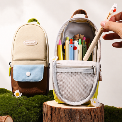 Backpack-Style Standing Pencil Case Color-Block Pen Holder by never - detail view for journaling writing tool | Lumiyear