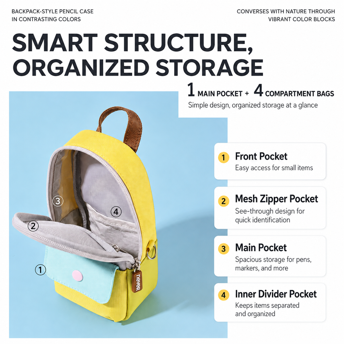Backpack-Style Standing Pencil Case Color-Block Pen by never - color option view for journaling writing tool | Lumiyear