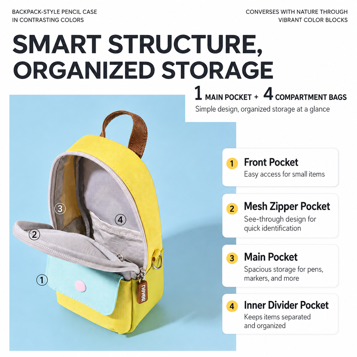 Backpack-Style Standing Pencil Case Color-Block Pen by never - color option view for journaling writing tool | Lumiyear