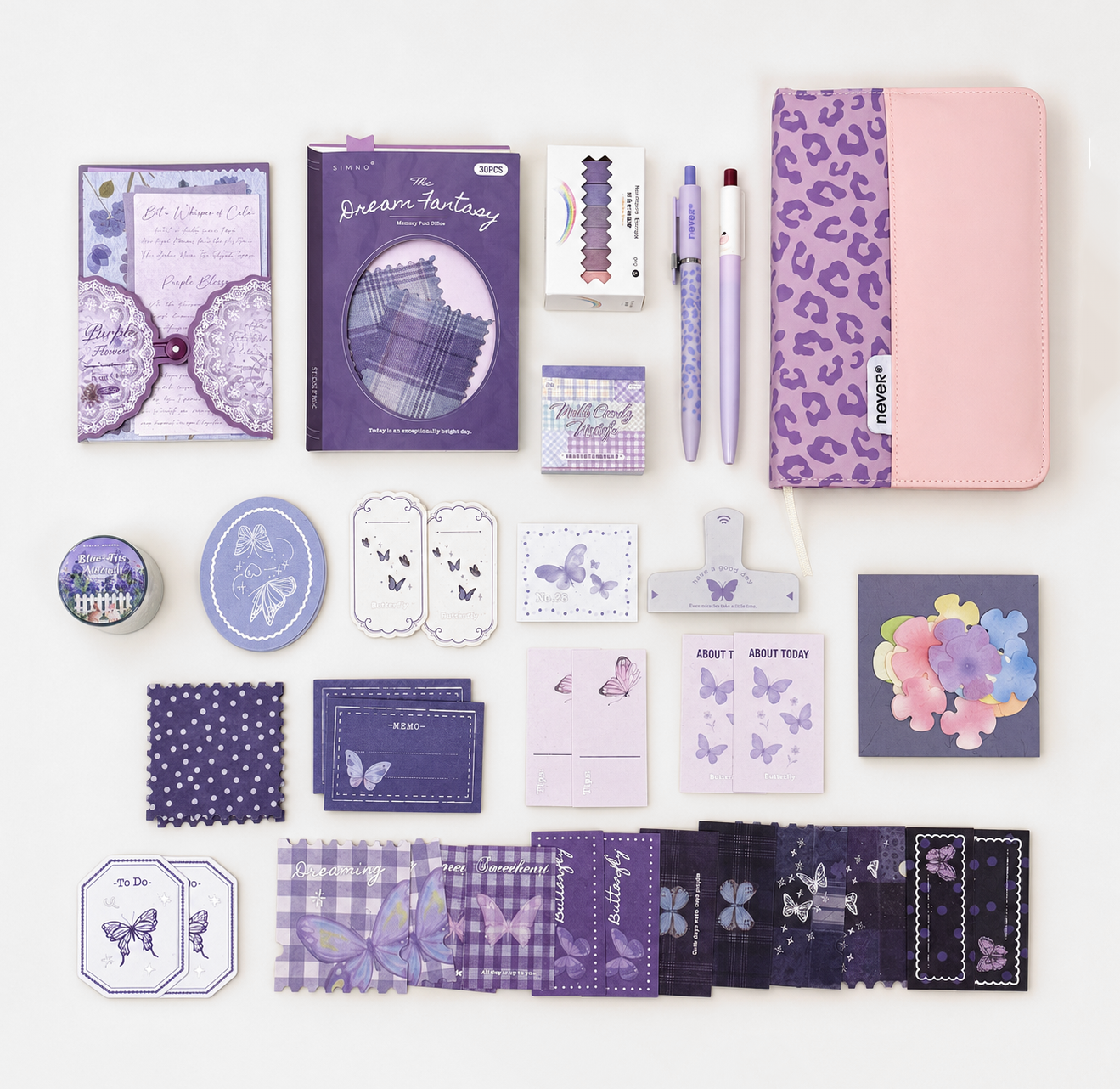 Violet Butterfly Leopard Stationery Mega Gift Set 💜 by never - main product view for stationery gift set | Lumiyear