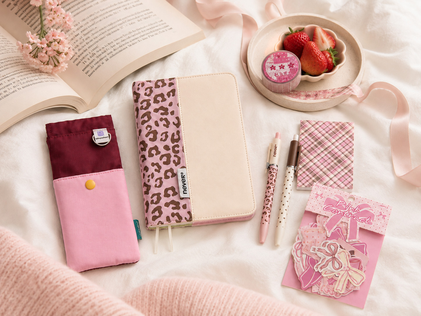 Aesthetic Strawberry Leopard Stationery Mega Gift by never - lifestyle stationery view for stationery gift set | Lumiyear