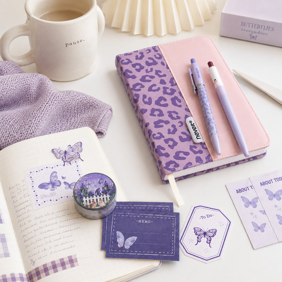 Violet Butterfly Leopard Stationery Mega Gift Set 💜 by never - packaging view for stationery gift set | Lumiyear