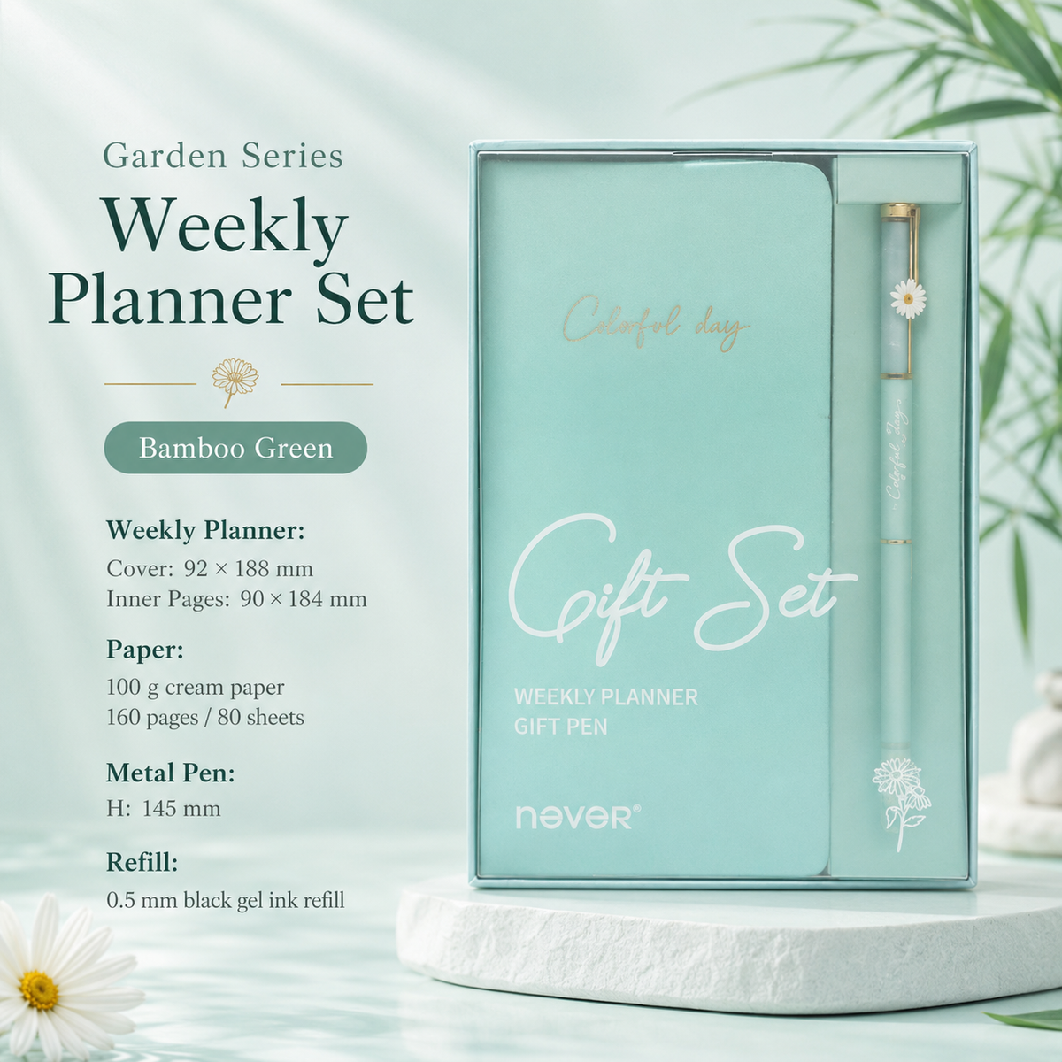 Garden Series Slim Weekly Planner & Crystal Charm Gel Pen Gift Set