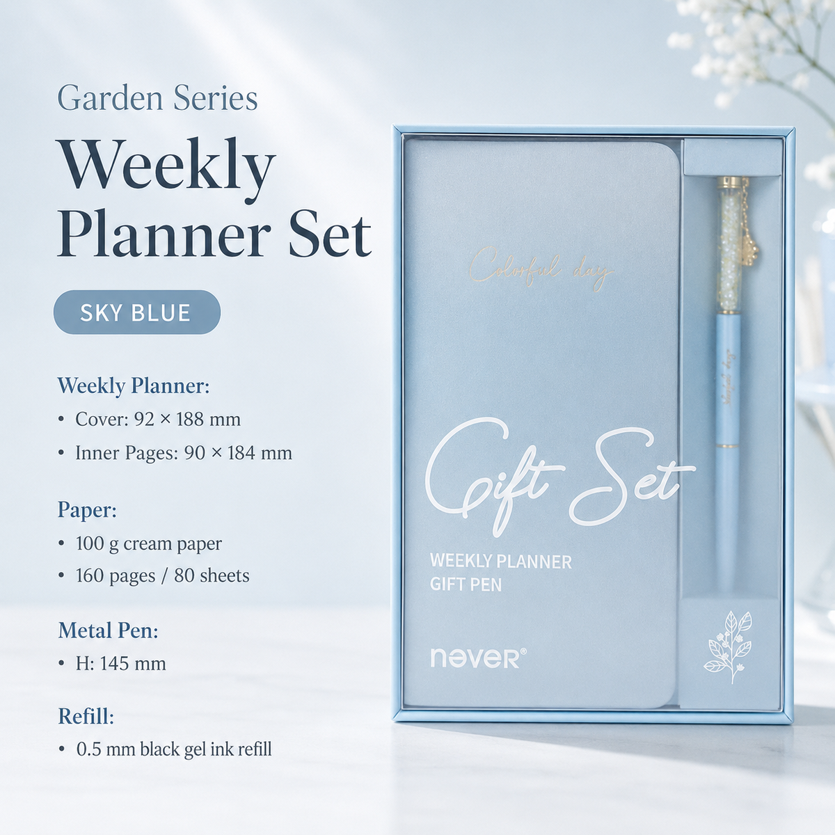 Garden Series Slim Weekly Planner & Crystal Charm Gel Pen Gift Set