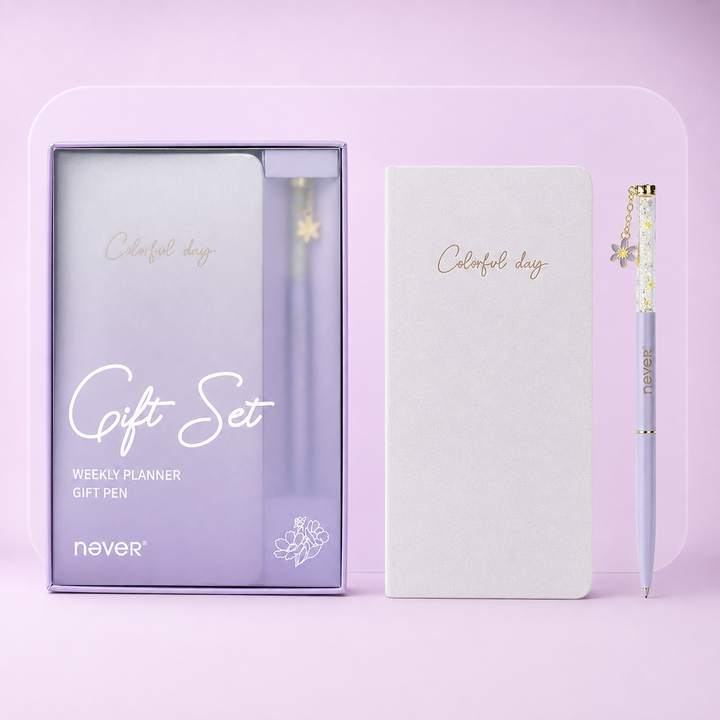 Garden Series Slim Weekly Planner & Crystal Charm Gel Pen Gift Set