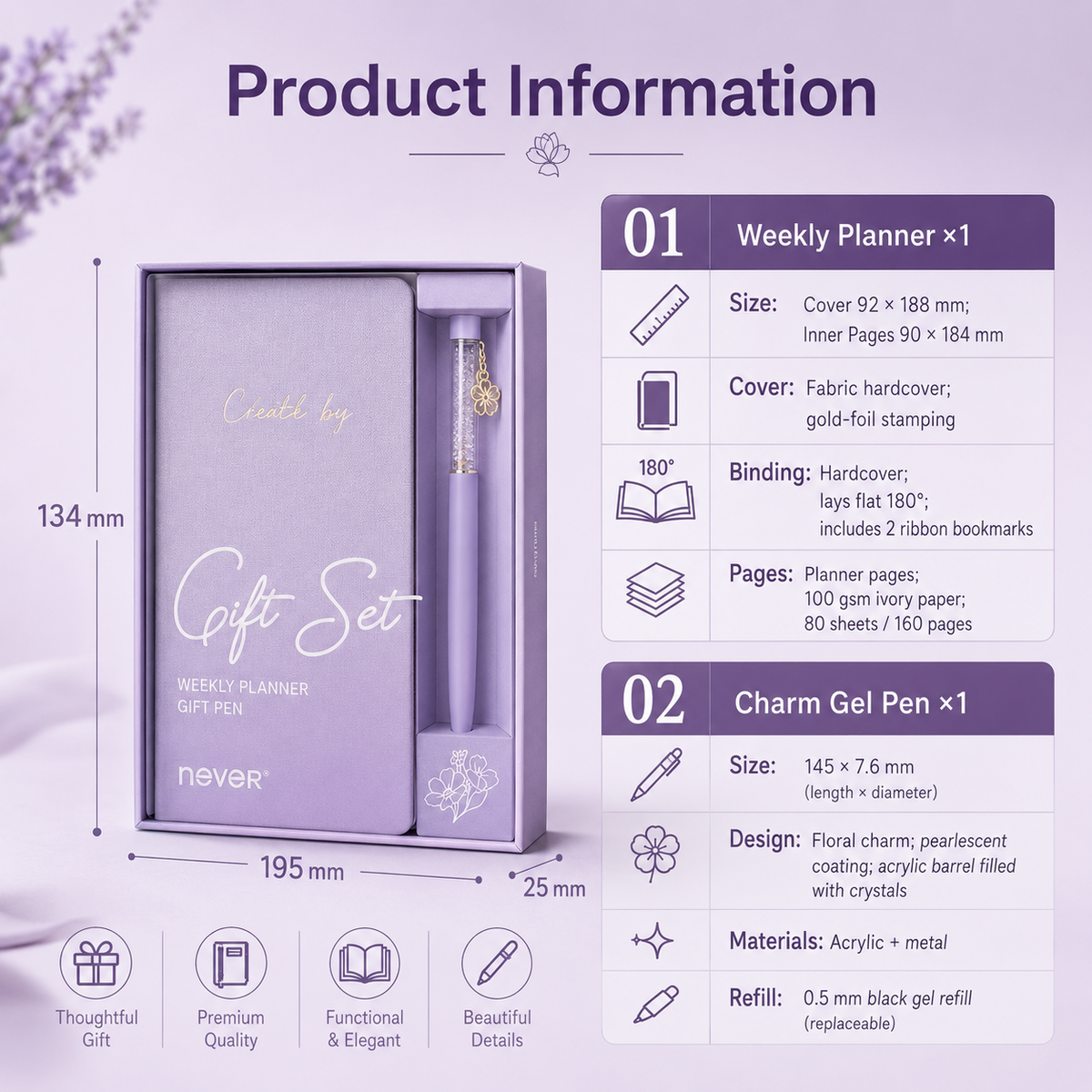 Garden Series Slim Weekly Planner & Crystal Charm Gel Pen Gift Set