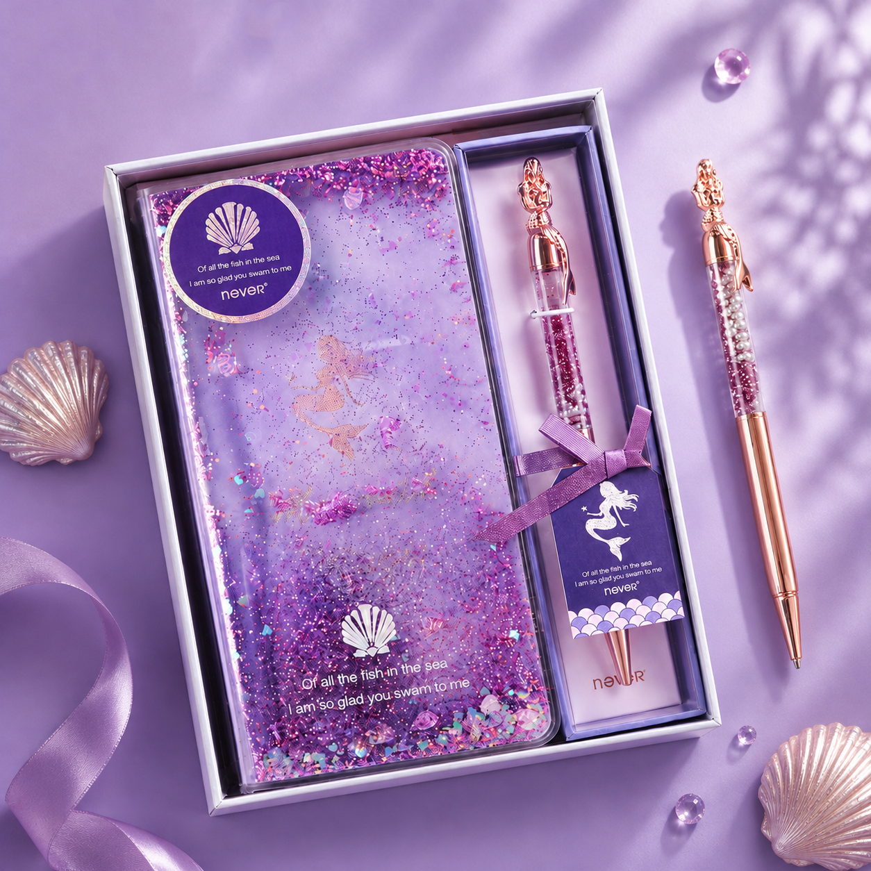 Mermaid Magic Liquid Glitter Journal & Gel Pen Gift Set by never - detail view for stationery gift set | Lumiyear