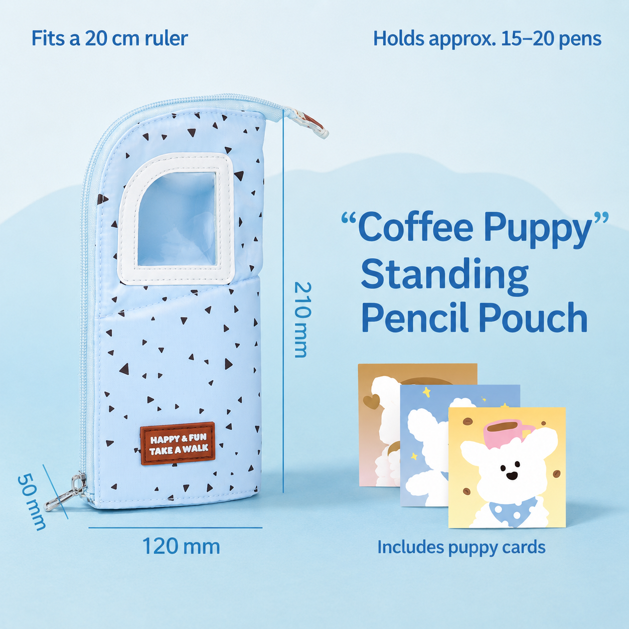 Coffee Puppy Standing Pencil Pouch 2-in-1 Fold-Down Pen Cup by never - packaging view for journaling writing tool | Lumiyear