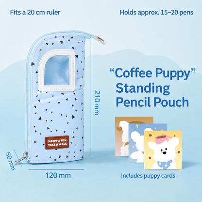 Coffee Puppy Standing Pencil Pouch 2-in-1 Fold-Down Pen Cup by never - packaging view for journaling writing tool | Lumiyear
